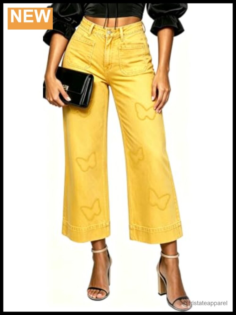 Women's Cropped Wide Leg High Waisted Flared Stretch Denim Jeans